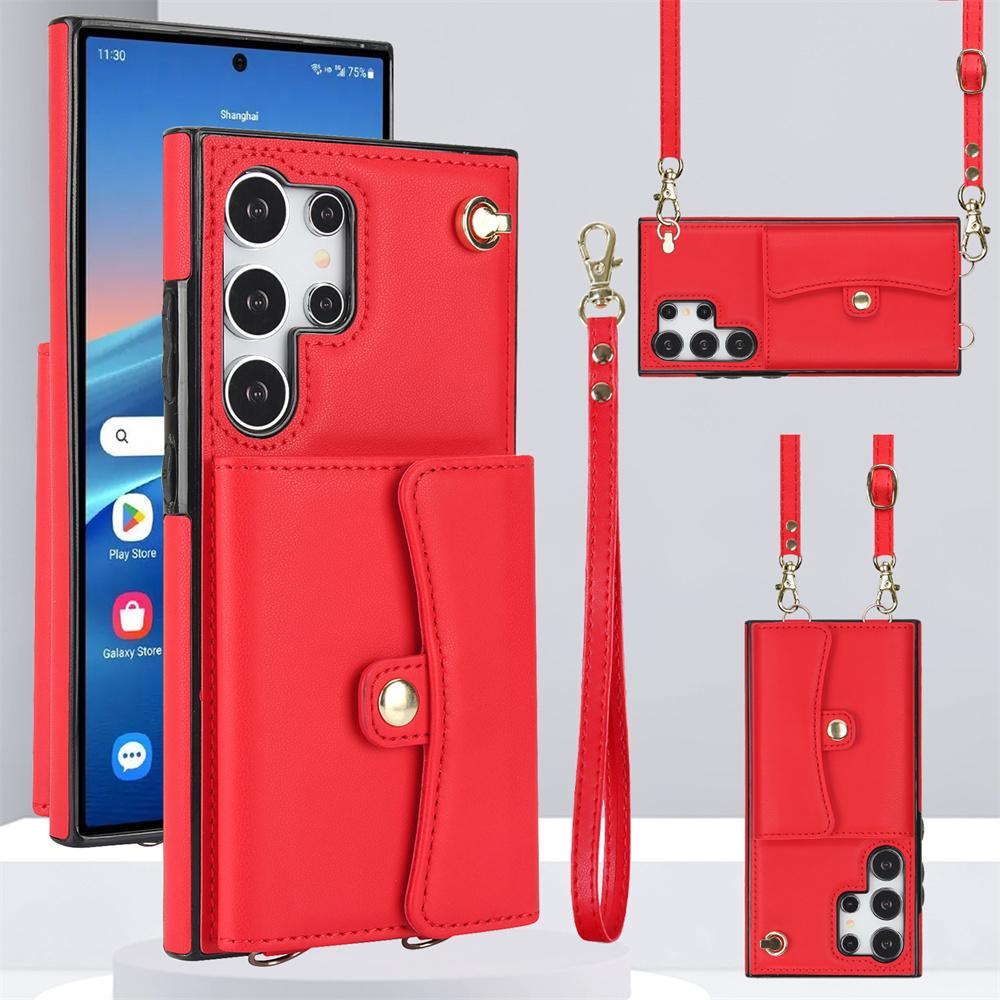 

Чохол Wallet Case Diagonal Strap Phone case for Samsung Galaxy S24 S23 S22 Plus Note 20 Ultra S21 FE A13 A52 A53 A14 A54 Card Holder Leather Cover Samsung S24 Ultra червоний