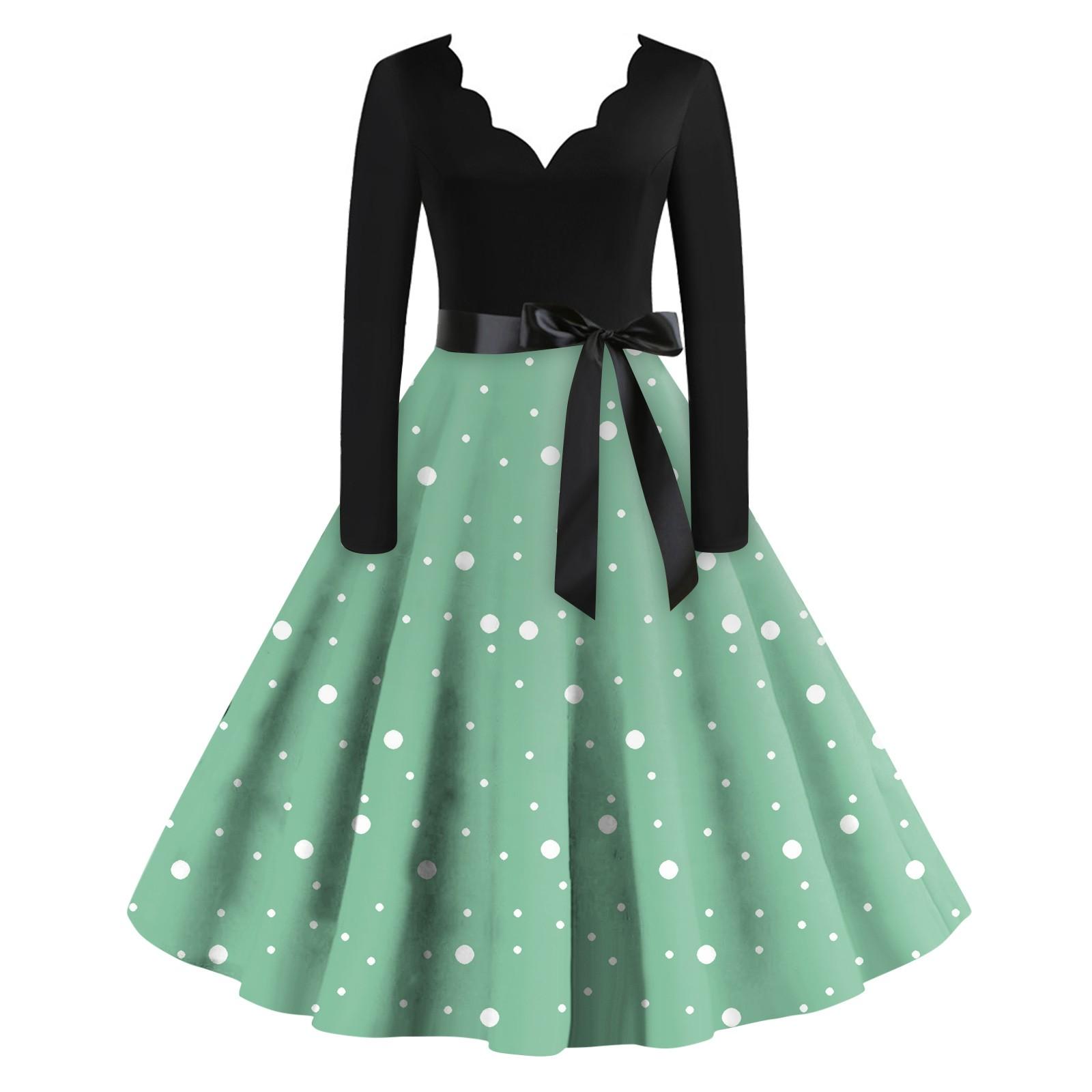 Женское повседневное модное платье с V-образным вырезом и длинными рукавами в стиле ретро — фото 11