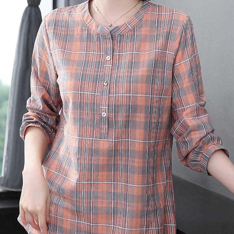 Mode All-Match Rundhals Kariertes Hemd Damenbekleidung Sommer Neu Vintage Lässig 3/4-Ärmel Knopf Gespleißte Pullover Blusen