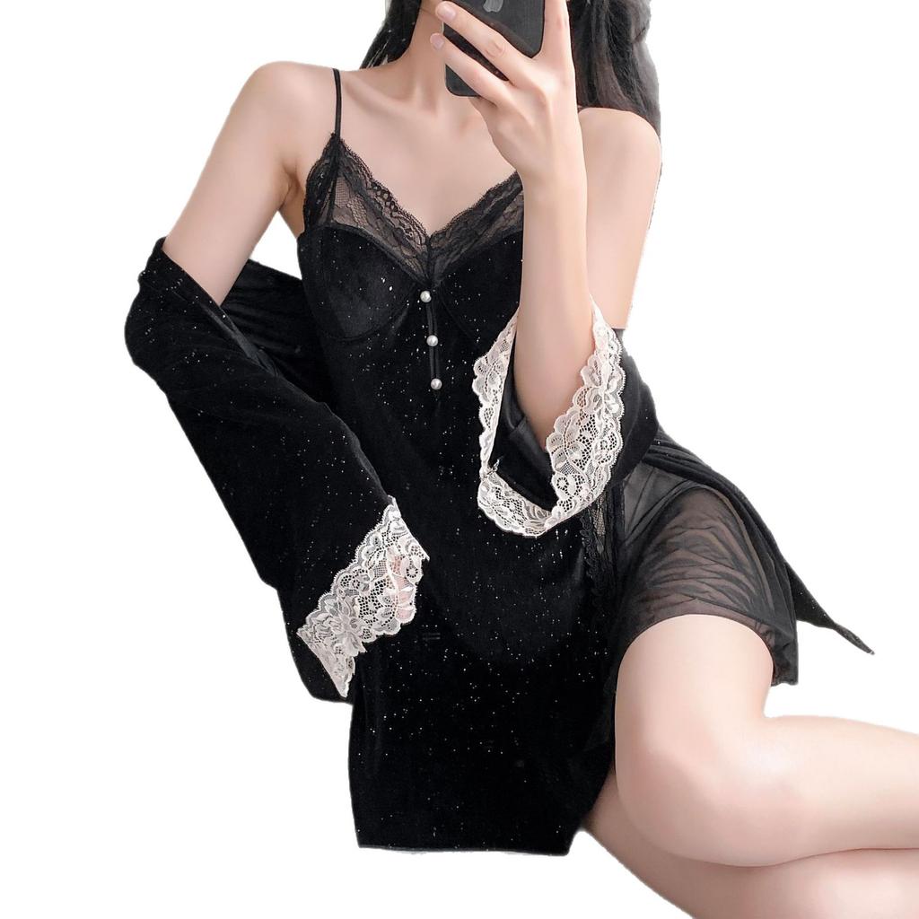 Yase [Confession Message] Sexy Pajamas Women's Golden Velvet Pure Desire Wind Suspender Pajama with Chest Pad Pajama Set