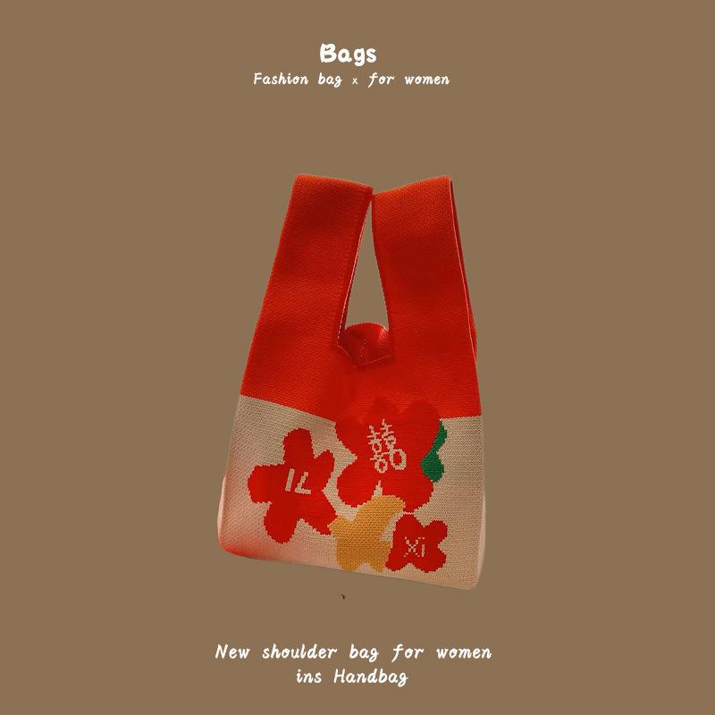 Ins Trendy Handbag Women'S Knitted Wool Bucket Bag Hand Carry Casual Tote Bag Box Lunch Bag