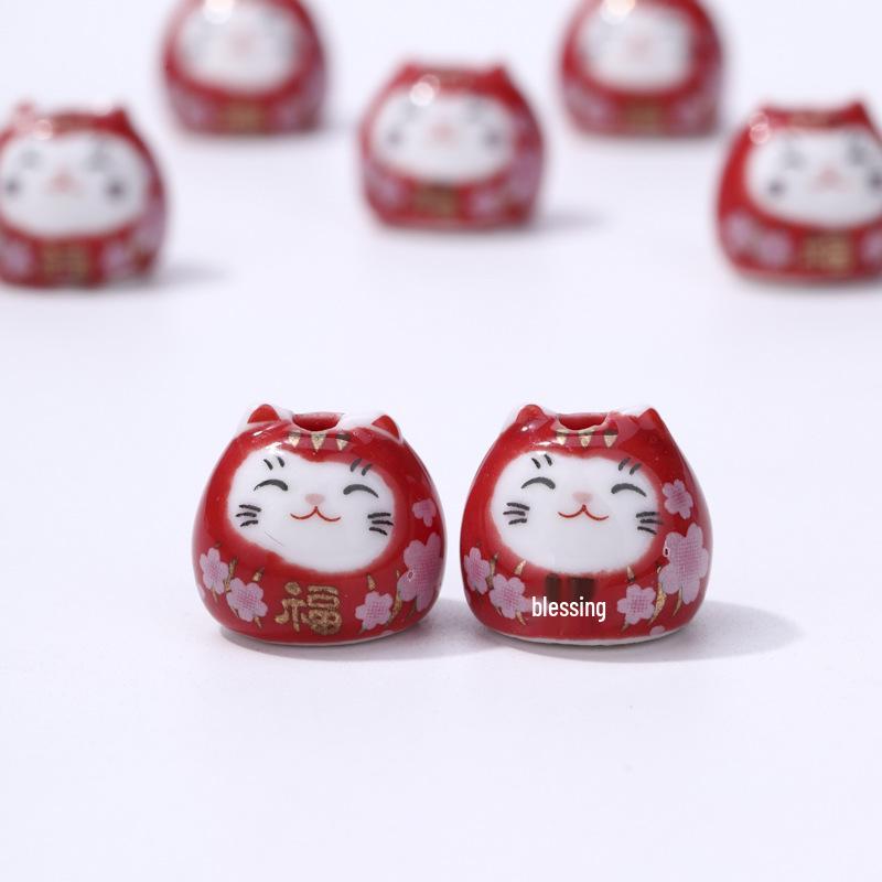 Ceramic Lucky Cat DIY Bracelet Pendant - Vertical Hole Beaded Charm Daruma Cat Accessories