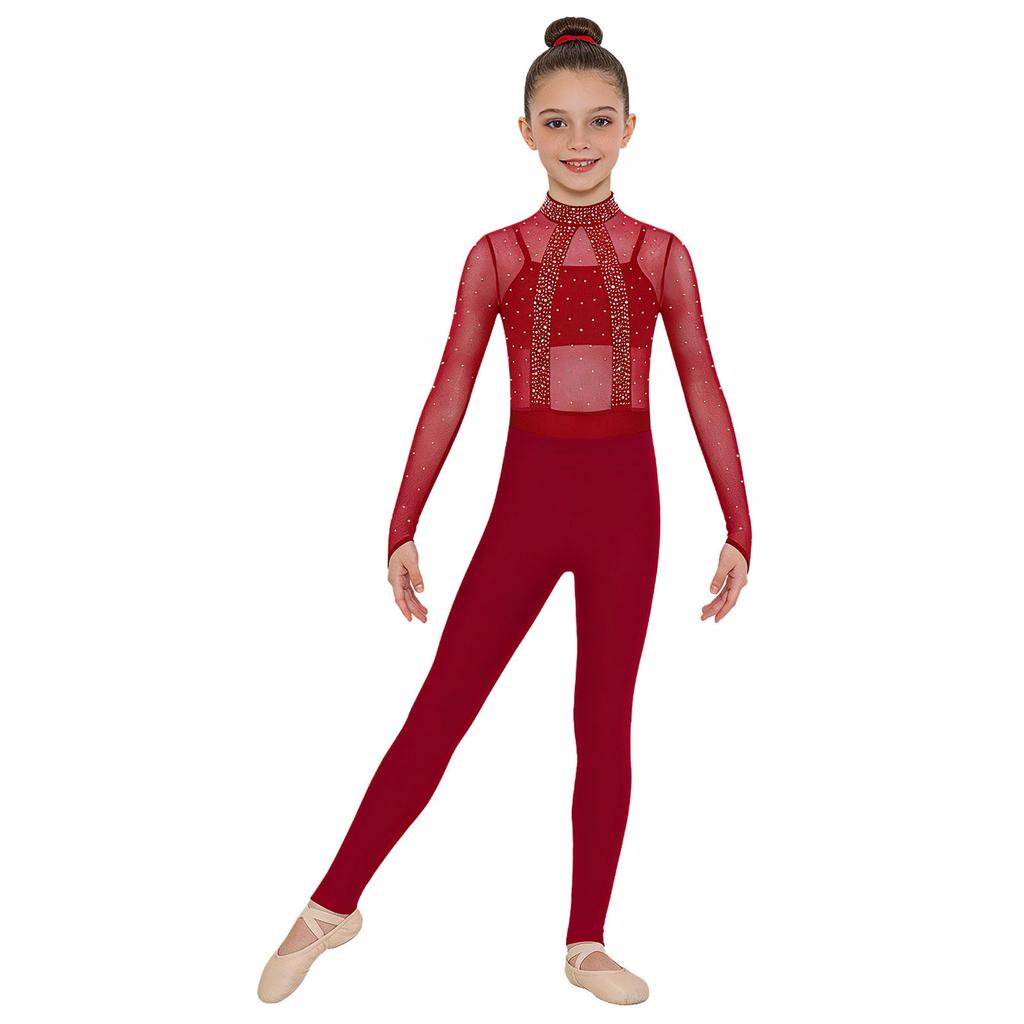 Leotard für Mädchen für Auftritte mit funkelnden Strasssteinen & Netzoberteil: Rollkragen Langarm Cut-out Rücken, Mit passendem Unterhemd, Leggings & Haarband
