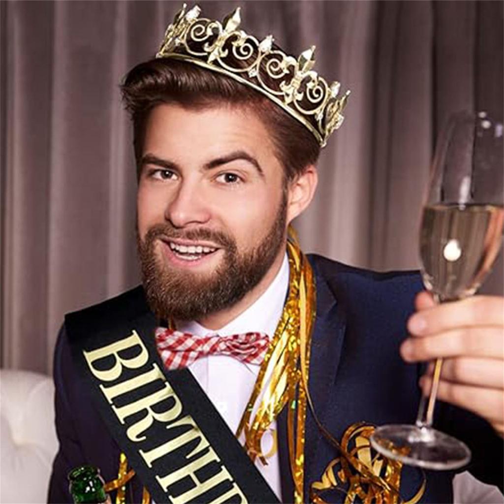Födelsedag Kunglig Krona med Skärp för Män Födelsedag Kung Strasskrona Axelomslag Set Födelsedagsfest Rekvisita Tillbehör