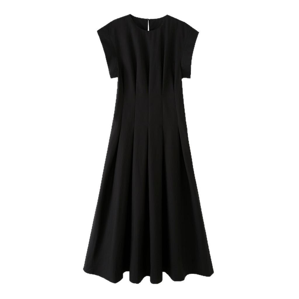 High-end spring and summer new small black dress short-sleeved round neck pleated poplin slim dress
