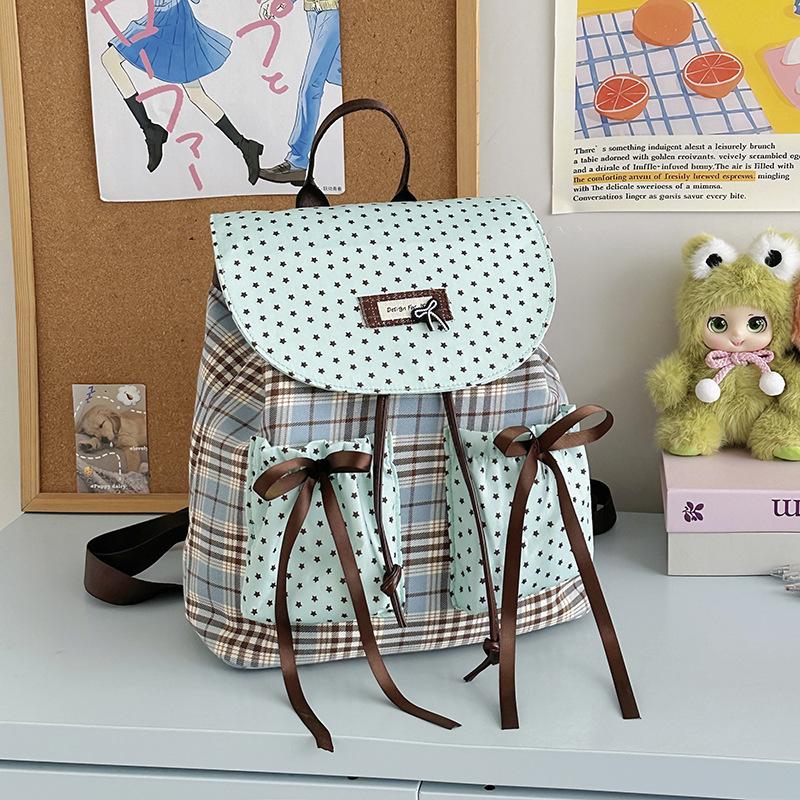 Sac à dos1011 nouvelle version coréenne dentelle enfants vert menthe sac à dos niche rétro carreaux mode nœud sac à dos