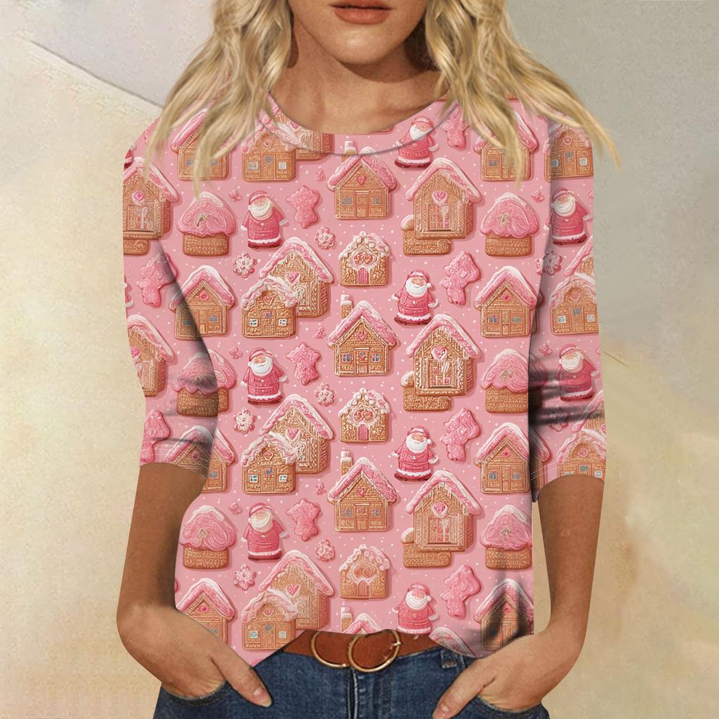 Women's Fashion Casual Round Neck 3/4 Sleeve Loose Printed T-Shirt Ladies Top