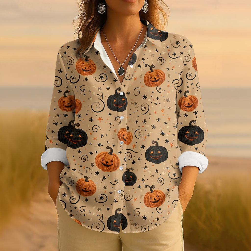Dame Retro Halloween Trykket Knappelukking Langermet Casual Vanlig Skjortekrage Topp