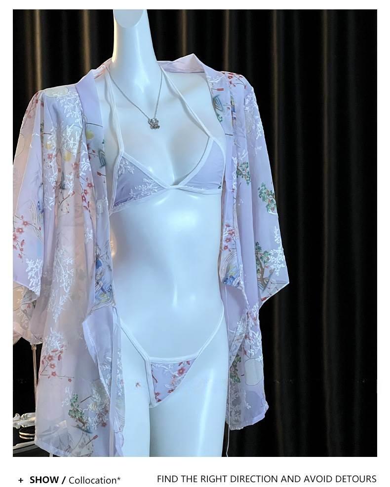 Elegant Japanese Chiffon Kimono Nightgown with Bow Embroidery