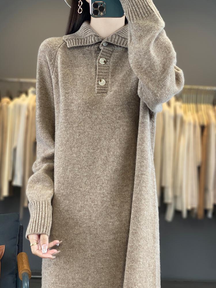 Women's 2024 Japanese Knit Polo Collar Wool Dress with Coat - Knee-Length, Thick and Stylish for Winter