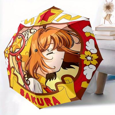 Cardcaptor Sakura Automatischer Faltbarer Winddichter Regenschirm mit Stabiler Eisenkonstruktion, Tragbarer Kompakter Reise-Regenschirm Ganzjahresnutzung Partys027