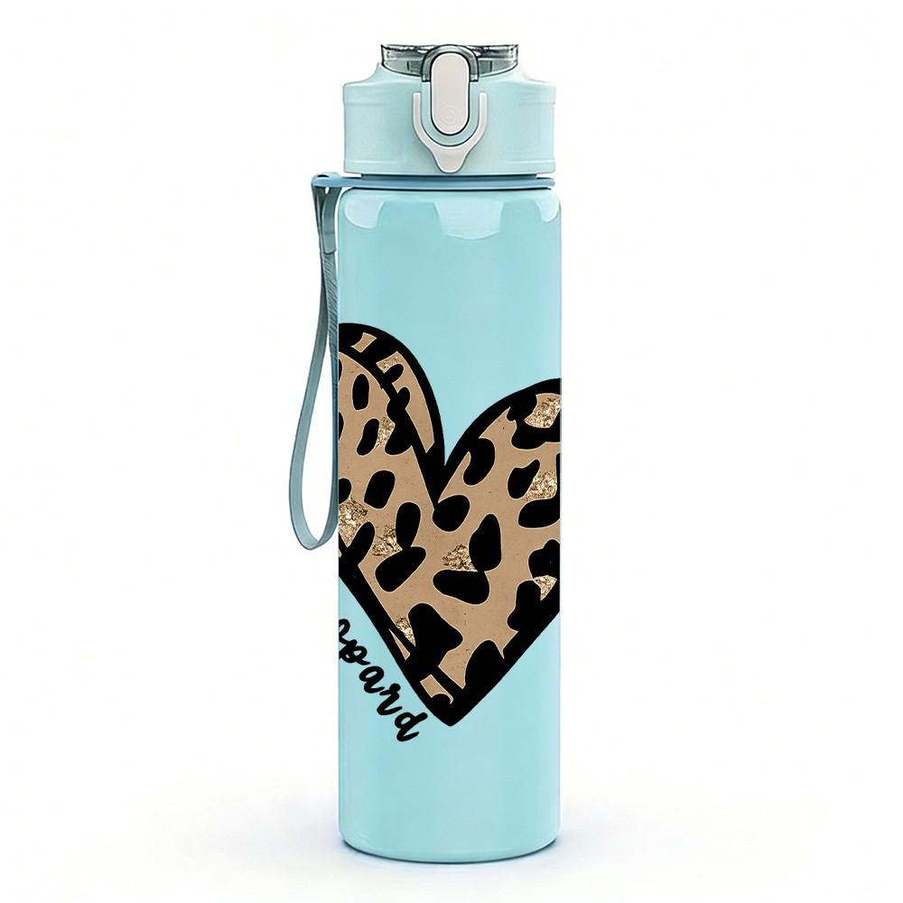 1PC Leopard Heart Pattern Print 750ml Color Plastic Sports Water Bottle Leakproof Flip Straw Lid Suitable for Sports Office Home Use