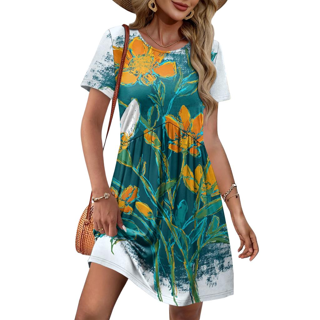 Damen Kurzarm Blumenprint Rundhals Lässiges Kleid mit Taillenband und Taschen Lockerer Schnitt Sommerstil