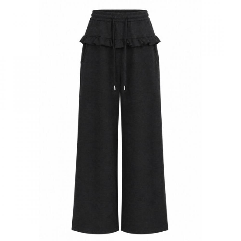Shop Women Elastic Waist Tie Pocket Frill Wide Pants Black Ntt Wpt260130
