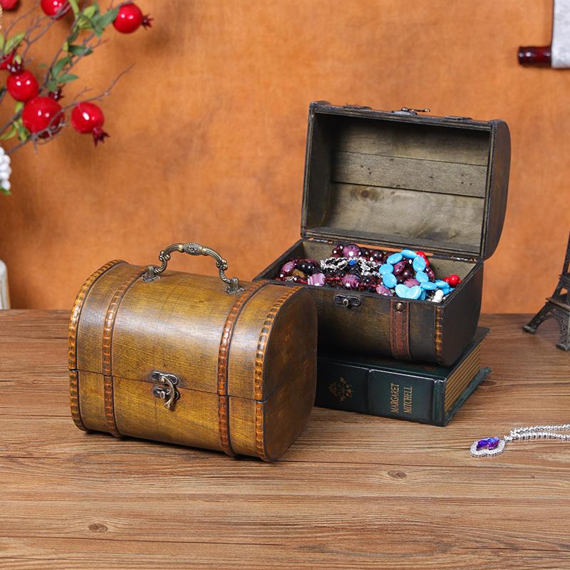 Vintage Suitcase Treasure Large Antique Jewelry Storage Box Wooden Chest Box Decorative Home Piggy Bank Storage Trunk with Lock