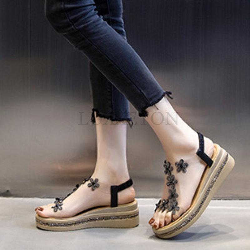 Summer Women Sandals Pvc Crystal Flower Decoration Chunky Heel Peep Toe Back Strap Elastic Band Elegant Fashion Shoes Ladies