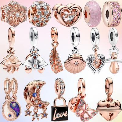 Autentyczne 925 Sterling Silver różowe złoto kłódka klucz w kształcie serca kwiat dynda urok Fit moda 3mm bransoletka dla dziewczyny prezent DIY biżuteria
