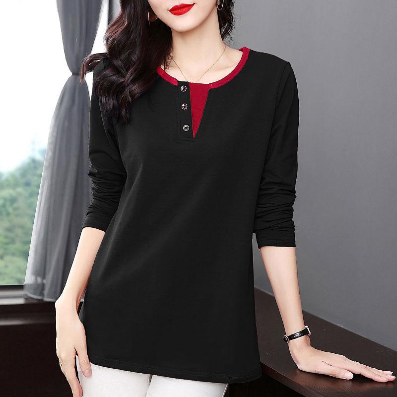 Fashion Casual Solid Color Spliced T-shirt Women's Clothing New Spring All-match Female Loose Round Neck Long Sleeve Tops