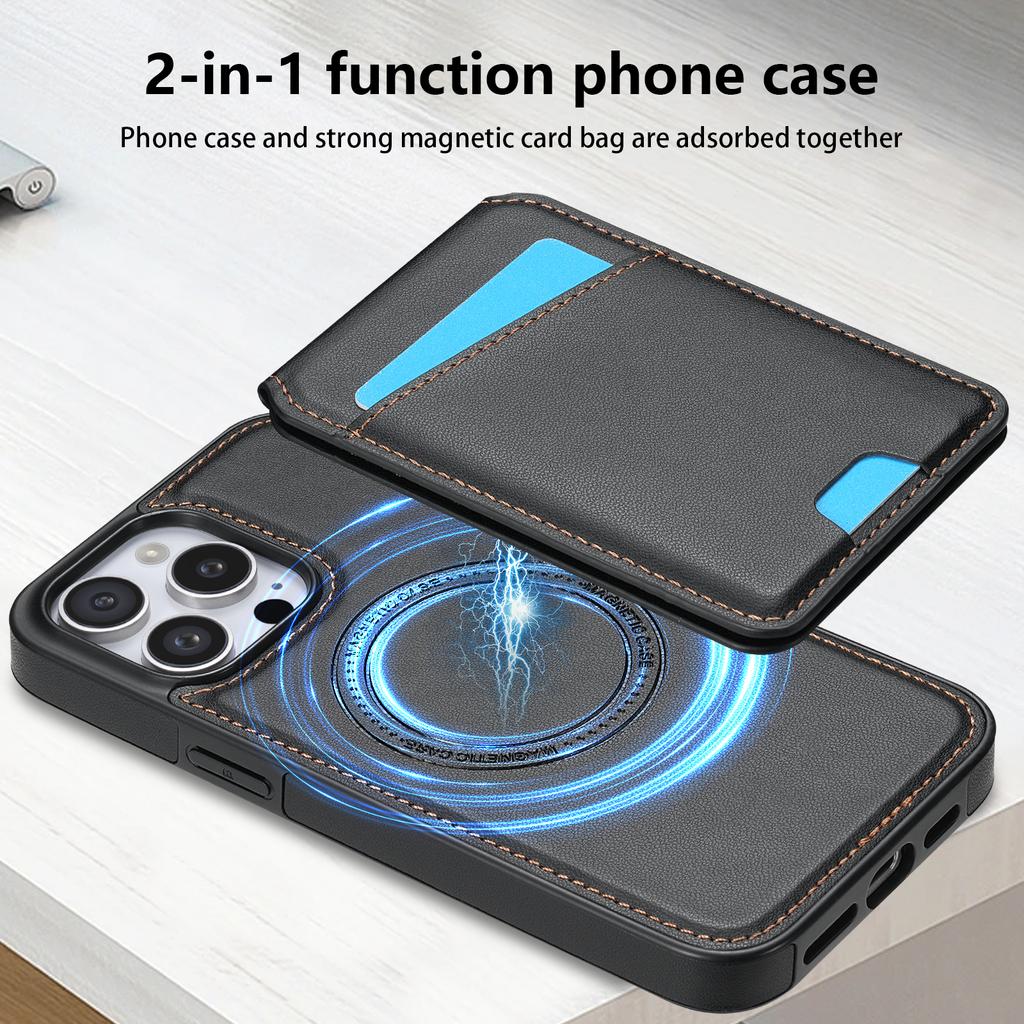 For iPhone 15 Pro Max Case Compatible with MagSafe Detachable Card Holder Kickstand Leather Phone Back Cover