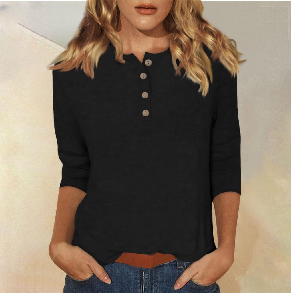 Women's Long Sleeve Round Neck Button Detail Blouse Solid Color Casual Top