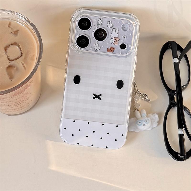 Kawaii Bunny Face Clear Phone Case For iPhone 17 Pro 16 15 14 Pro Max with Heart Side Holes Gingham Pattern Shockproof Cover