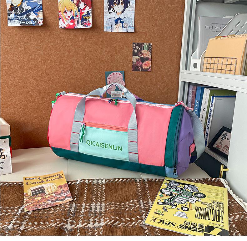 Dopamine Color Block Travel Bag - Unisex, Nylon, Foldable, Large Capacity, Handheld, Shoulder/Crossbody, Fitness Luggage