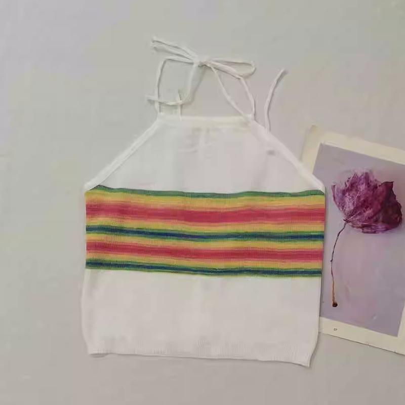 Halter Tank Tops For Women Stripe Contrast Color Slim Sweet Knitted Sleeveless Camisole