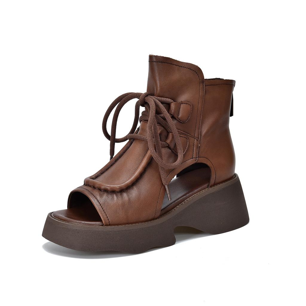 Johnature Genuine Leather Women's Shoes Roman Sandals Vintage Back Zipper Peep Toe Thick Soled Summer Boots