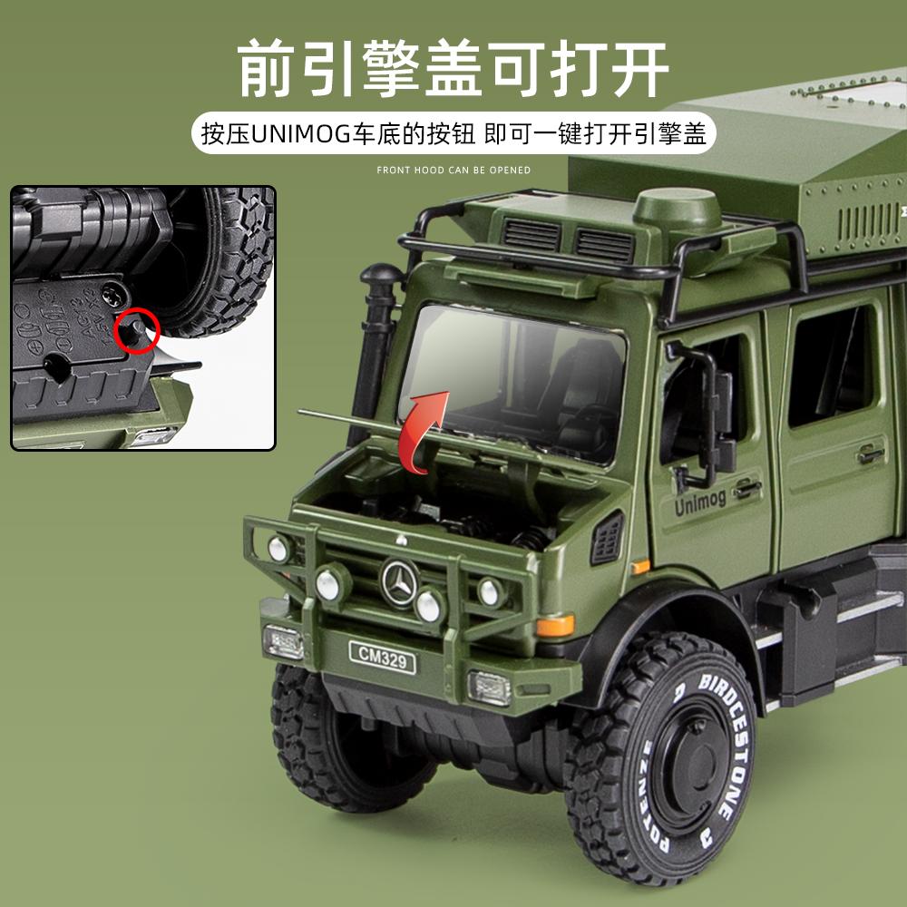 1:28 Mercedes Benz Unimog Off Road Wohnmobil Legierung Metall Druckguss Modellauto Ton & Licht Rückzieher Kinder Spielzeugautos Geburtstagsgeschenke Junge