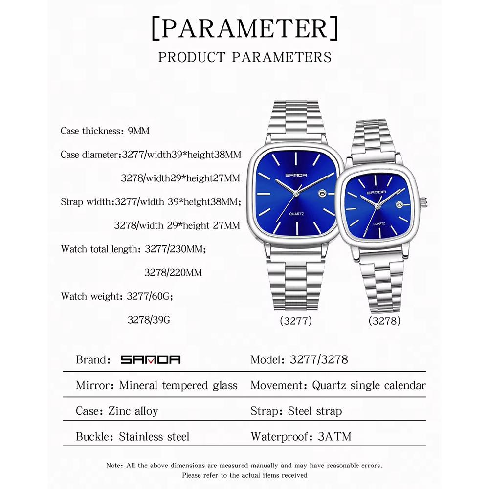 Fashion Square Dial Couple's Wristwatches Men Women Casual Daily Calendar Watch Waterproof Steel Strap Relojs