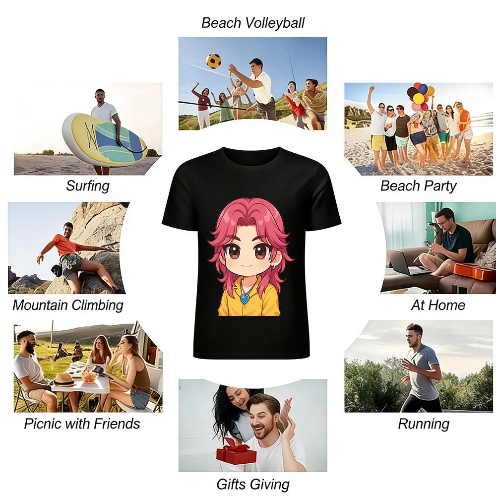 Trendy Pink-haired Cartoon Character Print Casual Top Unisex Loose Fit Daily Commute Long-sleeve T-shirt Pure Cotton T-shirt