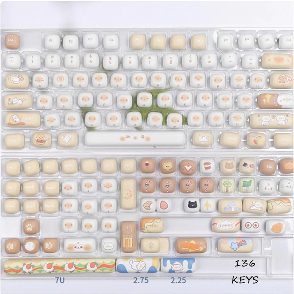 PBT Cute Keycaps, Beige MOG Profile Keycap Set, 139-Key Round Custom Keycaps for MX Cherry Mechanical Keyboards 60, 75, 100% (White)