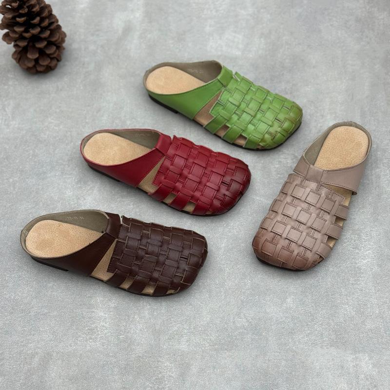 Johnature Genuine Leather Woven Slippers Handmade Comfortable Breathable Soft Soled Women's Slip-on Shoes