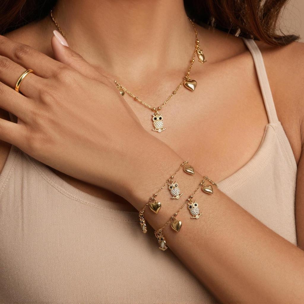 18K Gold-Plated Stainless Steel Jewelry Set: Owl Zircon Heart Pendant Necklace & Bracelet