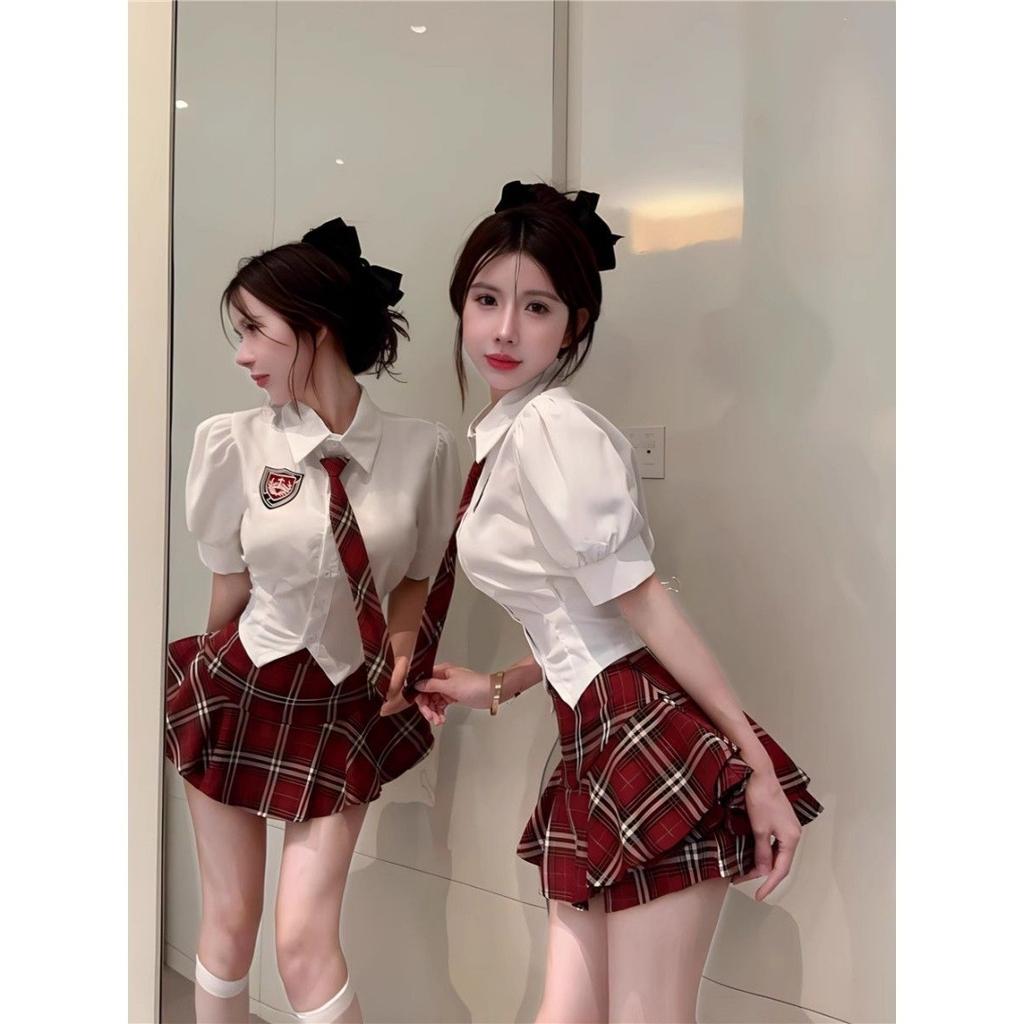 Summer New American Sweetheart Suit College Style Sweet Babes Jk Uniform Waist Shirt Top Red Plaid Skirt