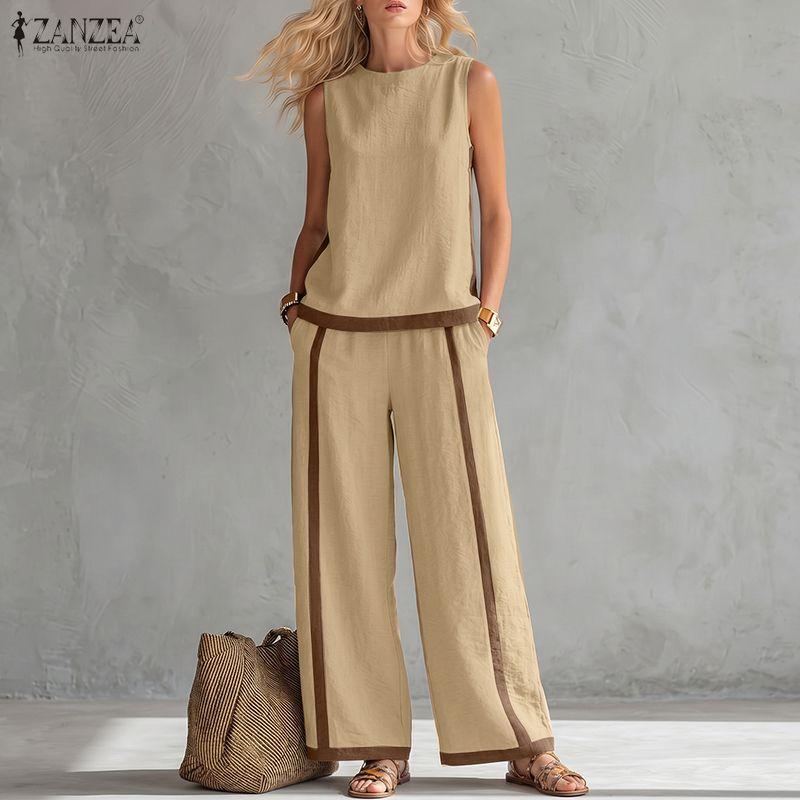 ZANZEA Women Sleeveless Vest Tops and Long Pants Casual Two Piece Suit Sets