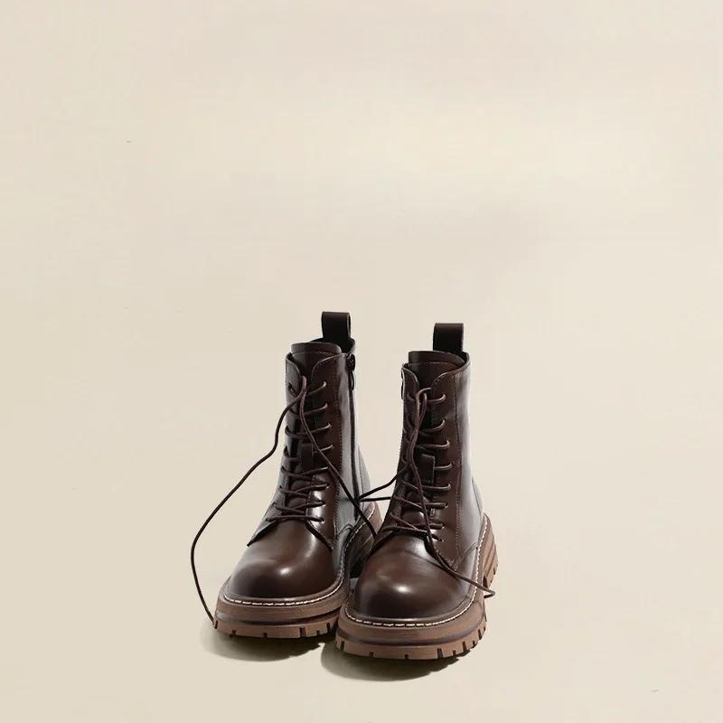 Fashion Genuine Leather Boots for Women Motorcycle Boots Women Thick Bottom Stitching Short Boot Classic Simple Style Women Ankle Boots