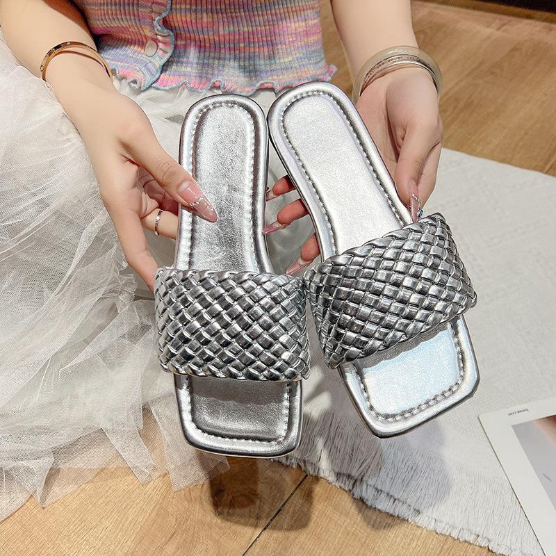 Large Size Flat-bottomed Slippers Women's Outer Wear Casual Simple Solid Color One-word Woven Belt Women's Slippers Slippers