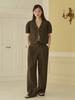 OPENING SUNSHINE Set - Puff Sleeve Crop Jacket + Double-Pleat Wide Pants _Brown