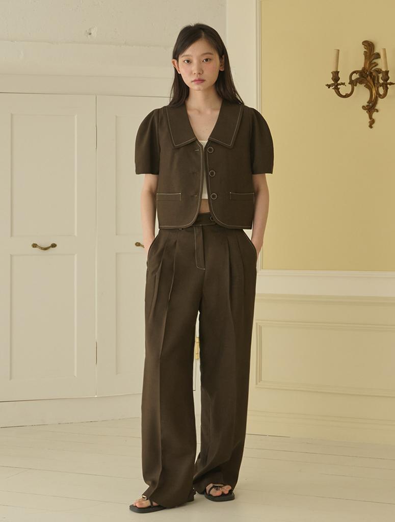 OPENING SUNSHINE Set - Puff Sleeve Crop Jacket + Double-Pleat Wide Pants _Brown