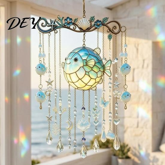 Stained Glass Style Suncatcher Ocean-Themed Crystal Wind Chime, Acrylic Jellyfish Seahorse Pufferfish Hanging Ocean Theme Chimes with Prism