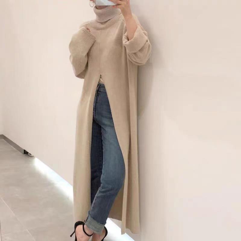 Neu im Herbst Winter Damen Strickpullover Lange Kleider Hochgeschlossenes, geteiltes, lockeres Pulloverkleid Lässiger Temperamentpullover mit Kleidung der unteren Schicht