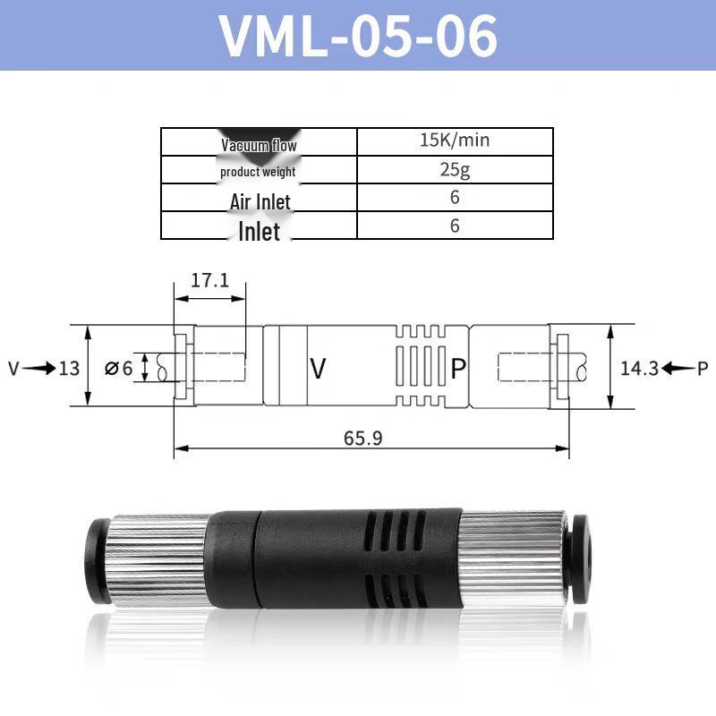 Kompakter Inline-Vakuumgenerator VML, Durchgang mit hoher Saugkraft, Unterdruckschlauch ZU Push-In Modell