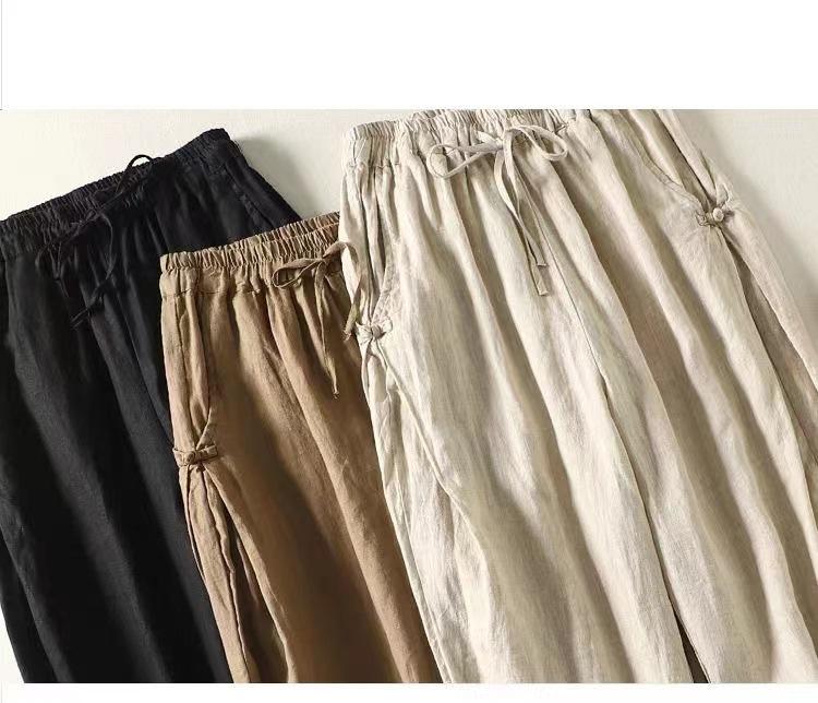 High Waist Retro Frog Button Cotton Harem Pants - Lightweight, Elastic, Tie Waist, Loose Fit for Spring/Summer