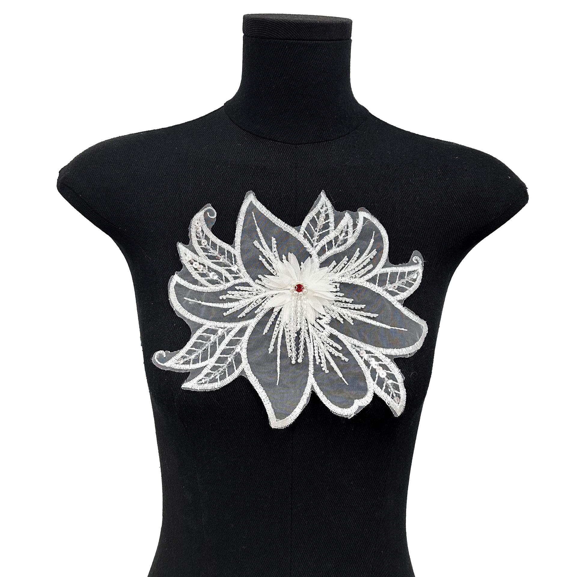 

Изысканные белые пайетки, вышитые тканевые наклейки, ручная работа, бисер, цветок, полые бусины, украшение, свадебное платье, аксессуары для одежды H6043