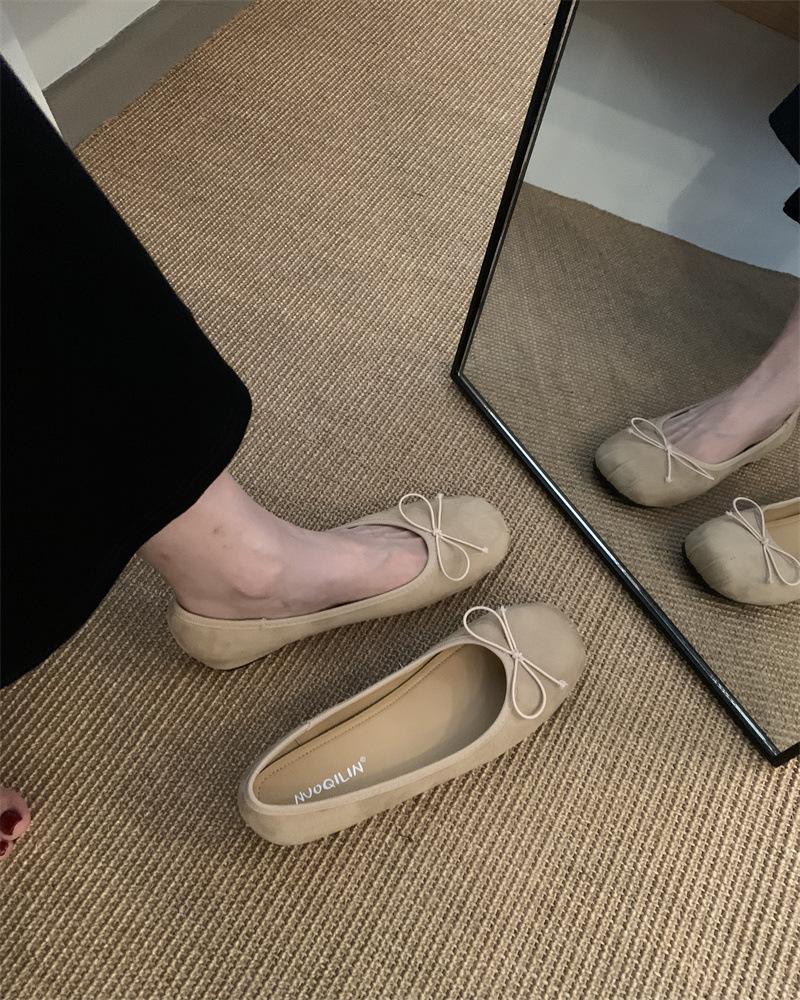 Flat-bottomed Suede Ballet Single Shoes Women's Shoes 2025 New Bow Red Evening Shoes