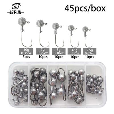 45 adet/kutu 2.5g 3.5g 5g 7g 10g Yuvarlak Başlı Jig Balıkçılık Kancası Keskin Karbon Çelik Balıkçılık Kancası Yumuşak Solucan Yem için