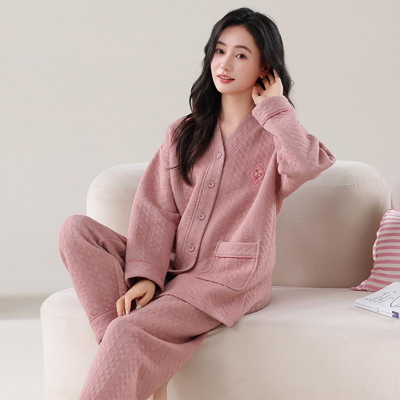 Pajamas Women'S Autumn And Winter Thickened Pure Cotton Long-Sleeved Sandwich Air Cotton Large-Size Warm Loungewear Set