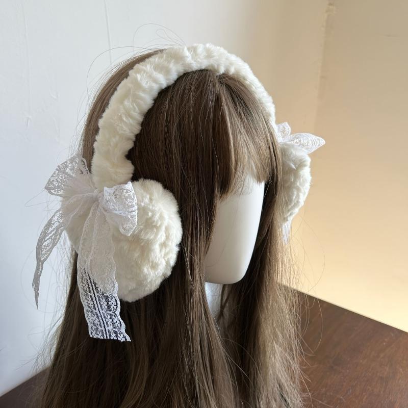 1PC New Japanese Sweet Girl Cute Lace Bow Warm Headgear Plush Ear Bag Love Earmuffs