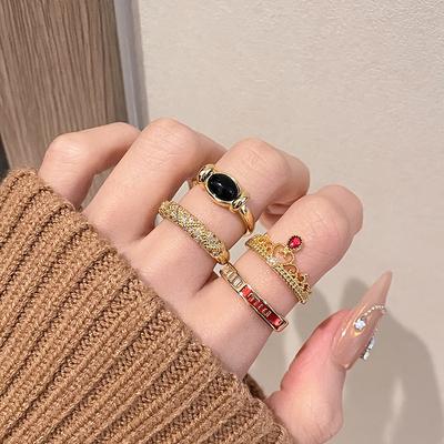 Gold Medieval Oval Black Gallstone Open Ring Stacked With Light Luxury French High-End Ring, Personalized Index Finger Ring